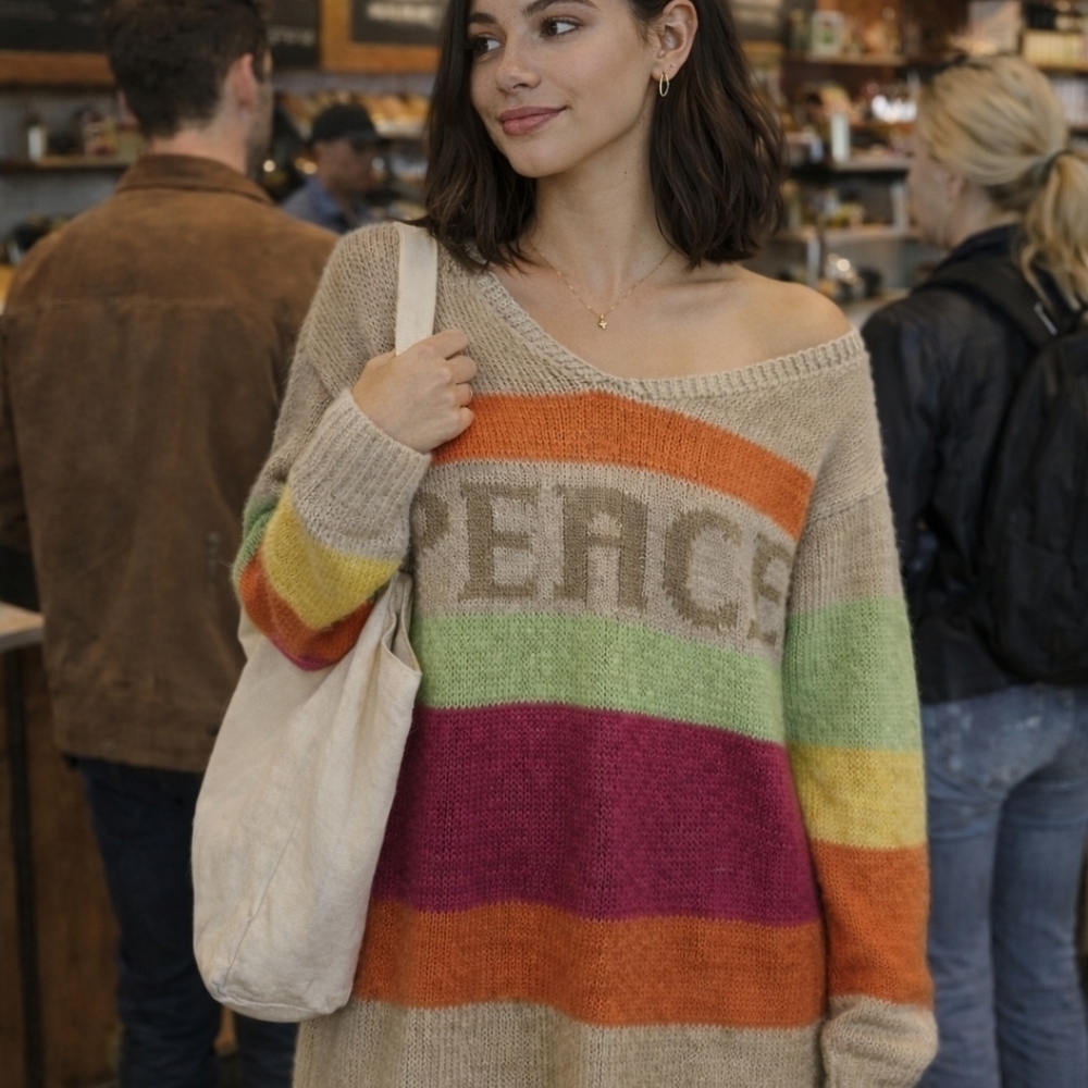 Vibrant & Colorful Striped Sweater Dress with Peace Design